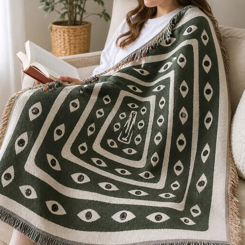 100% Cotton Snake Labyrinth Throw Blanket with Tassel Edges