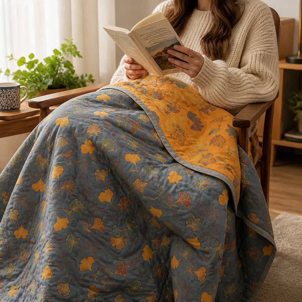 Reversible Cotton Ginkgo Leaf Throw Blanket