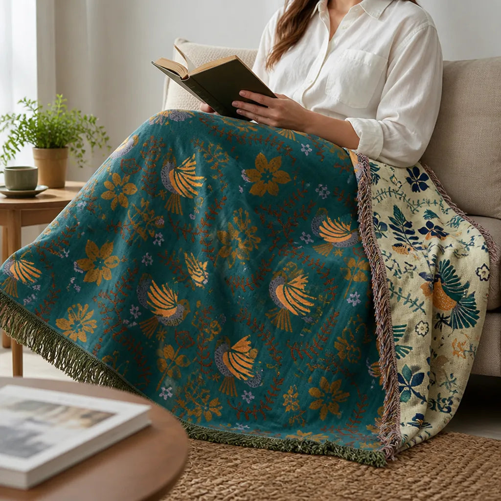 Reversible Scandi Bird And Floral Throw Blanket (100% Cotton, Machine Washable)