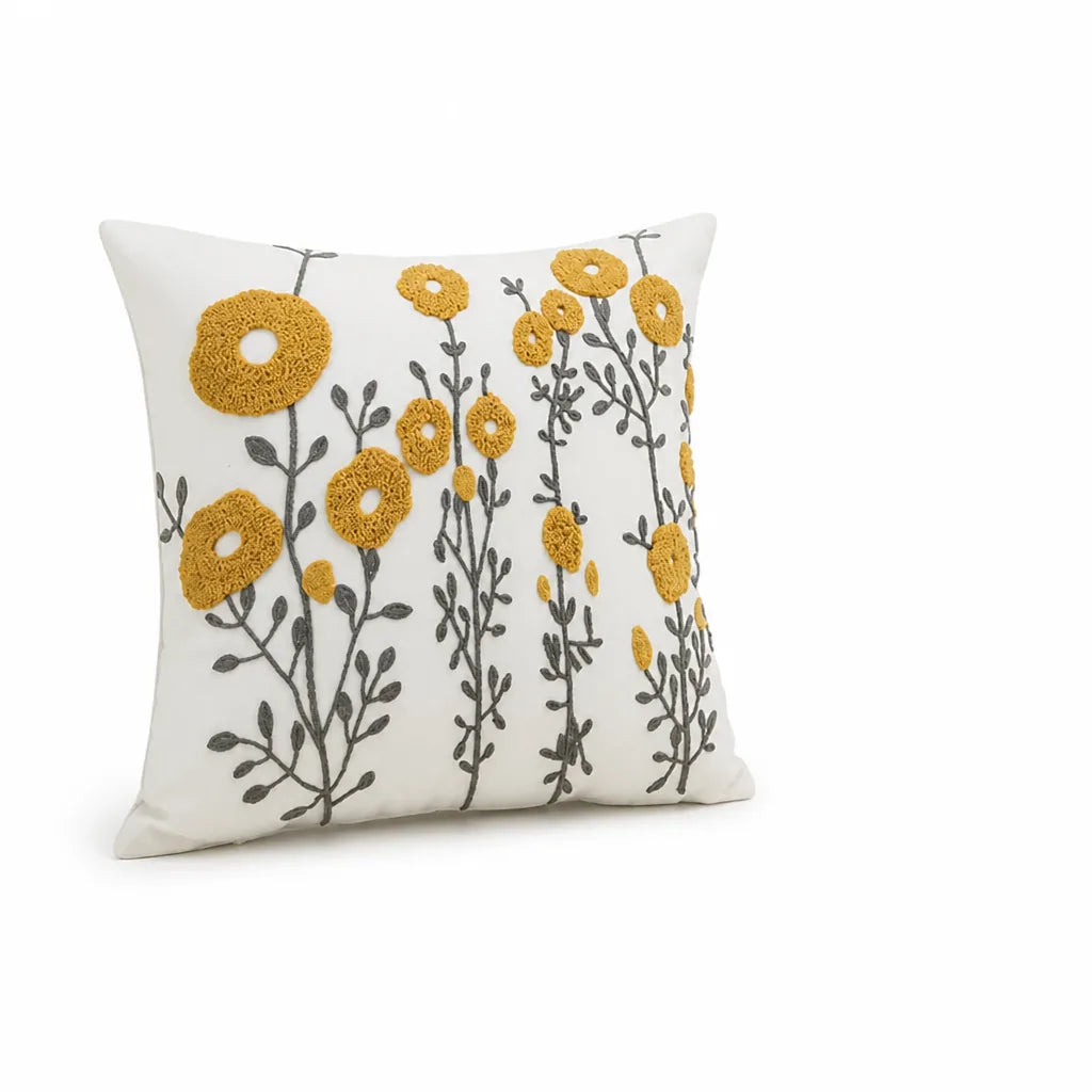 Small-Flower Embroidered Cushion Cover With Hidden Zip (18-Inch Square)