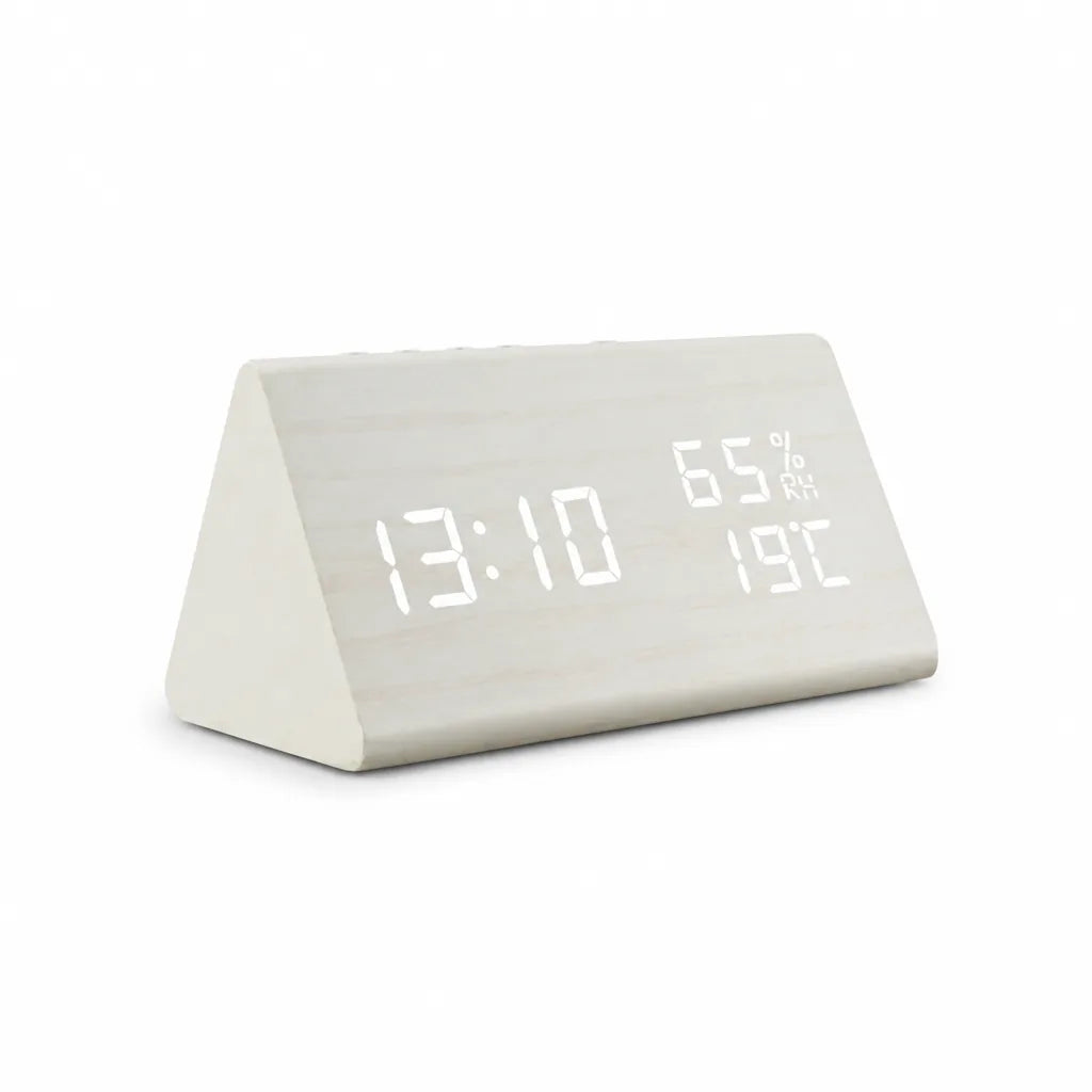 Triangular Wood-Textured LED Display Digital Alarm Clock (Time, Date, Temp & Humidity)