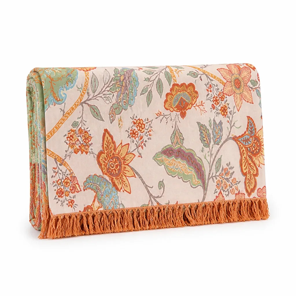 Boho Floral Cotton Throw Blanket With Fringed Edge