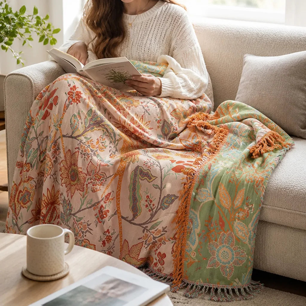 Boho Floral Cotton Throw Blanket With Fringed Edge