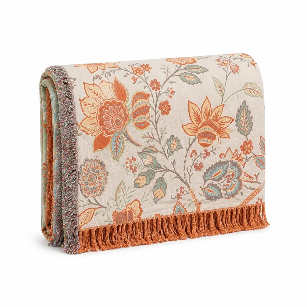 Boho Floral Cotton Throw Blanket With Fringed Edge