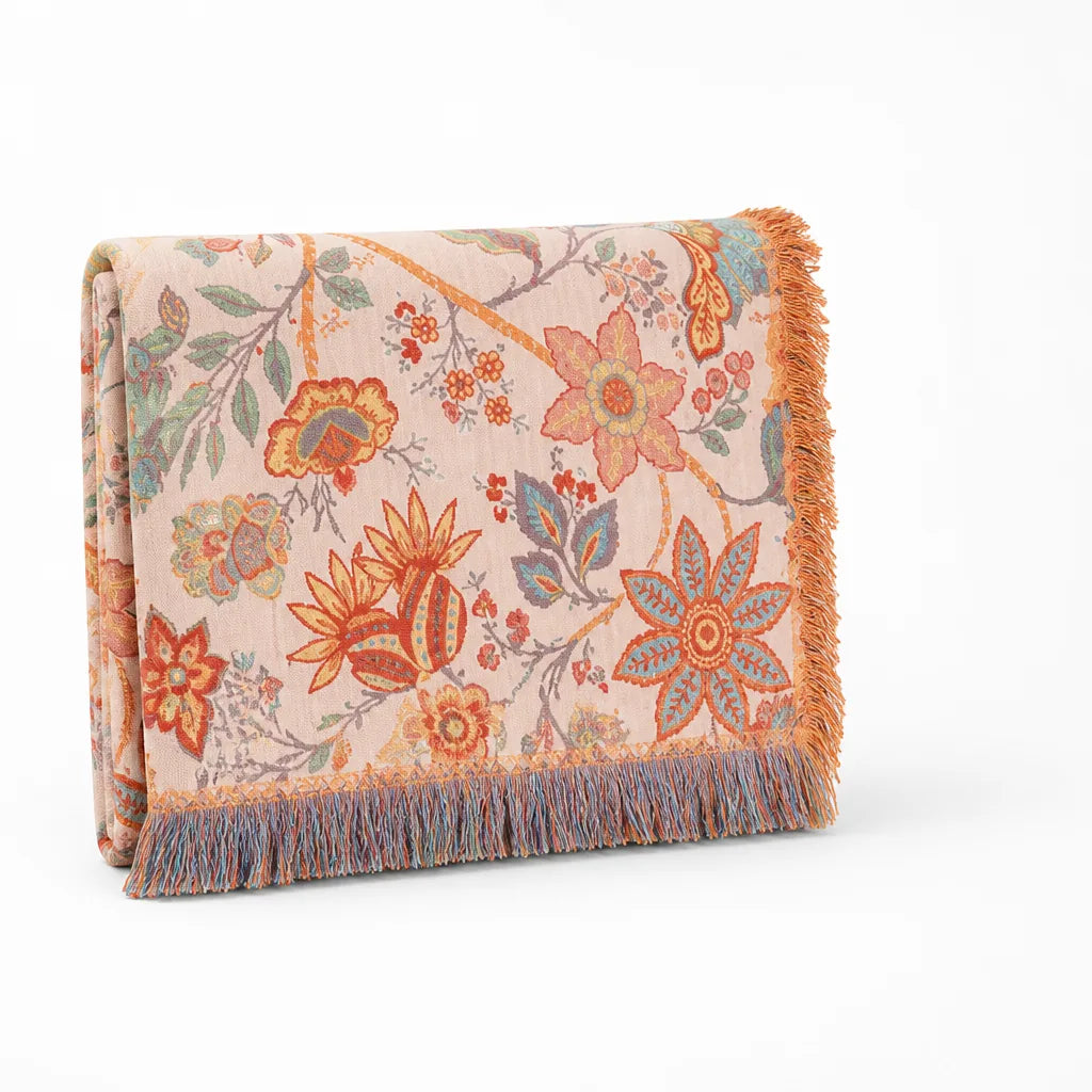 Boho Floral Cotton Throw Blanket With Fringed Edge