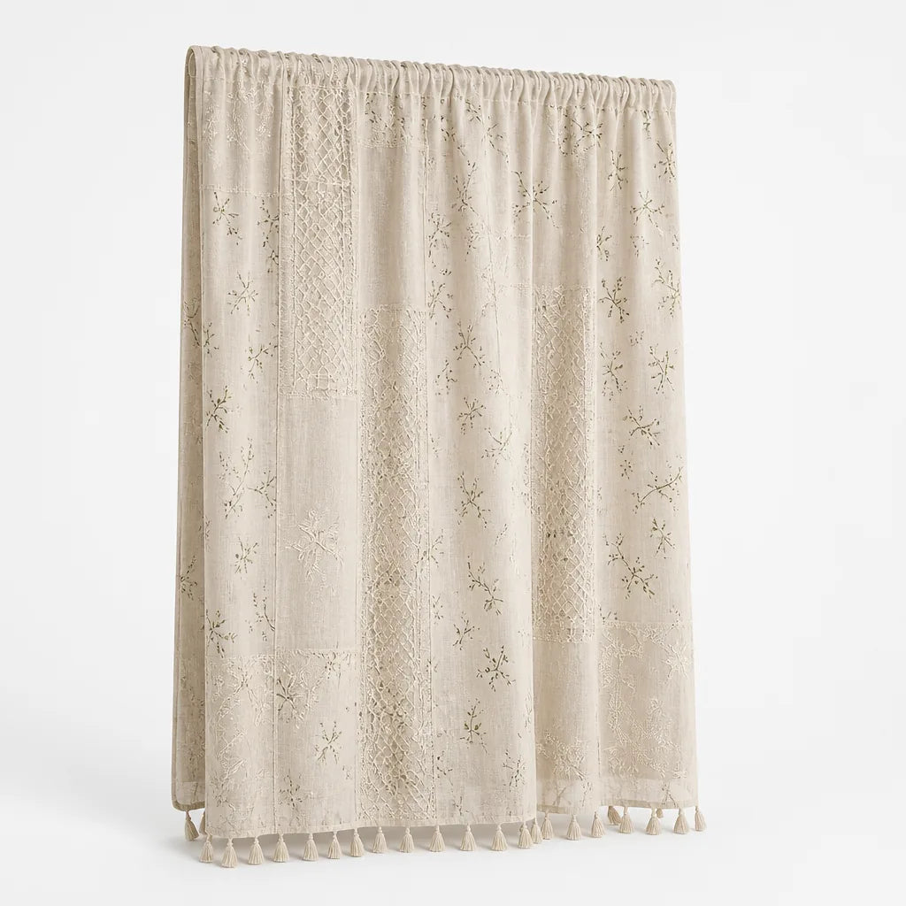 Boho Floral Patchwork Lace Semi-Blackout Rod Pocket Curtain Panel