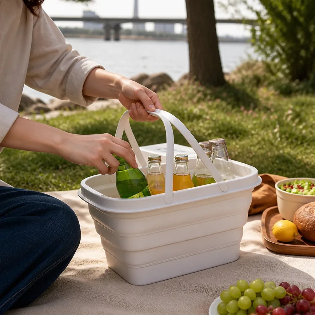 Collapsible Self-Standing Fold-Flat Wash Basin And Drink Cooler Basket