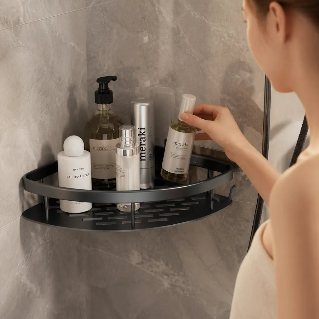 Curved Aluminium Open-Frame Shower Caddy with Adjustable Hook