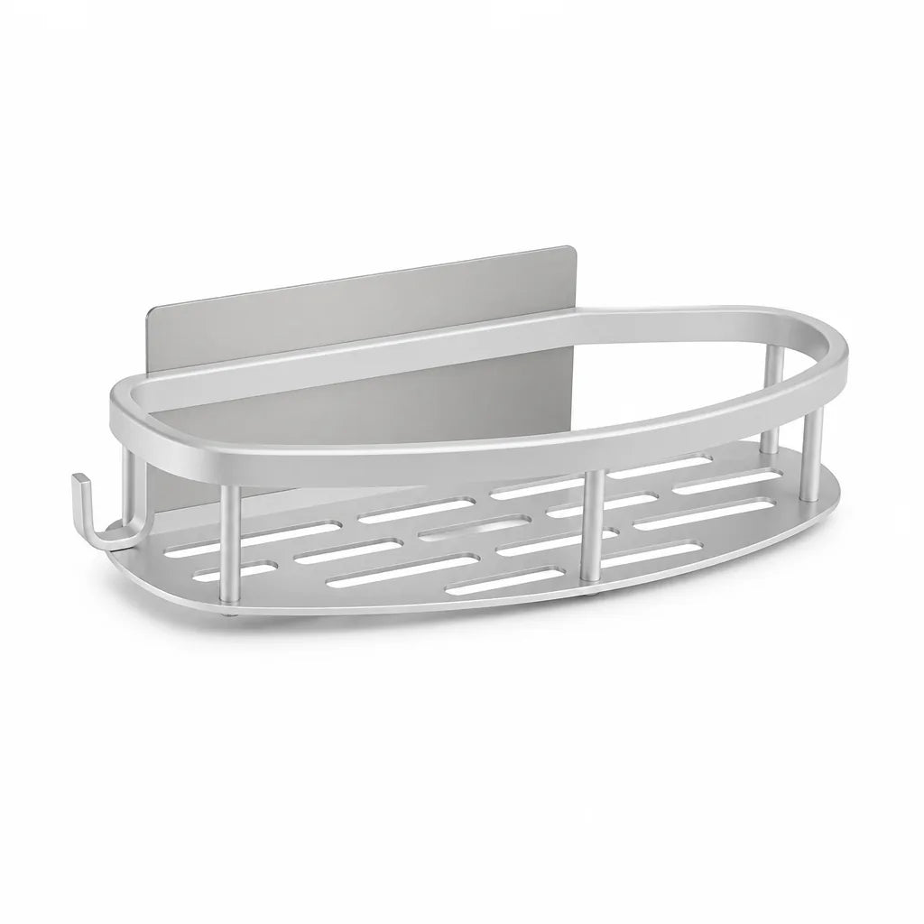 Curved Aluminium Open-Frame Shower Caddy with Adjustable Hook