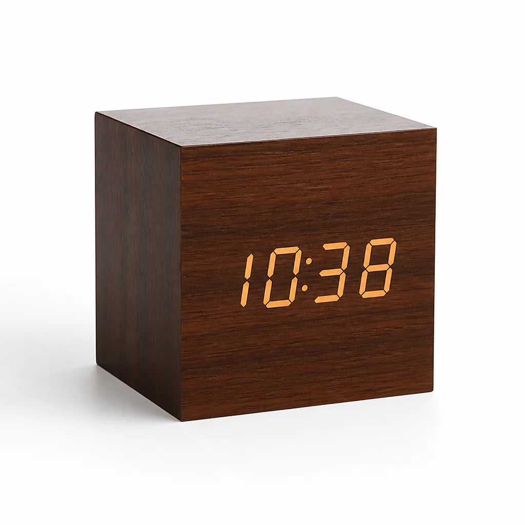 Faux Wood-Grain Cube LED Alarm Clock (USB or Battery Powered)