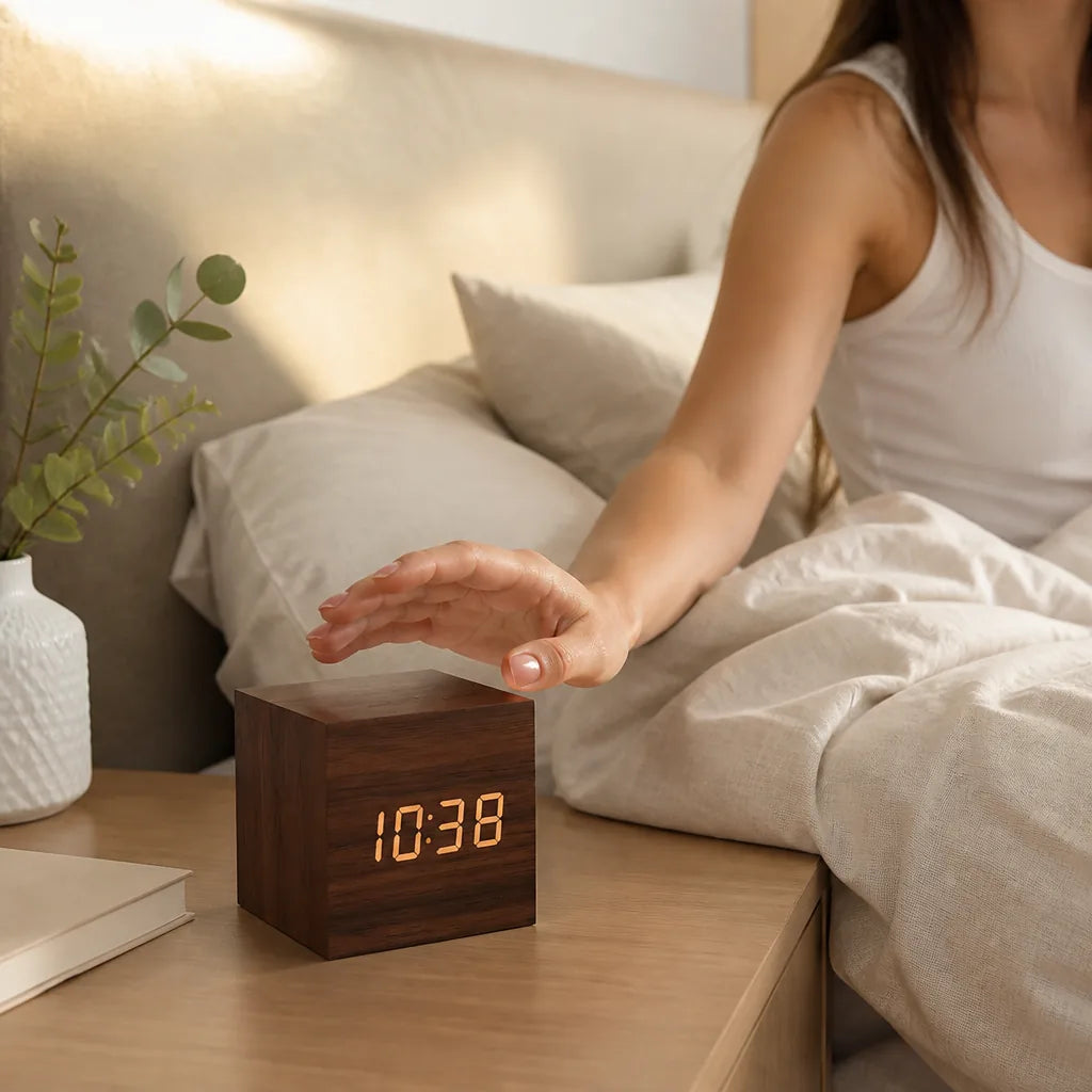 Faux Wood-Grain Cube LED Alarm Clock (USB or Battery Powered)