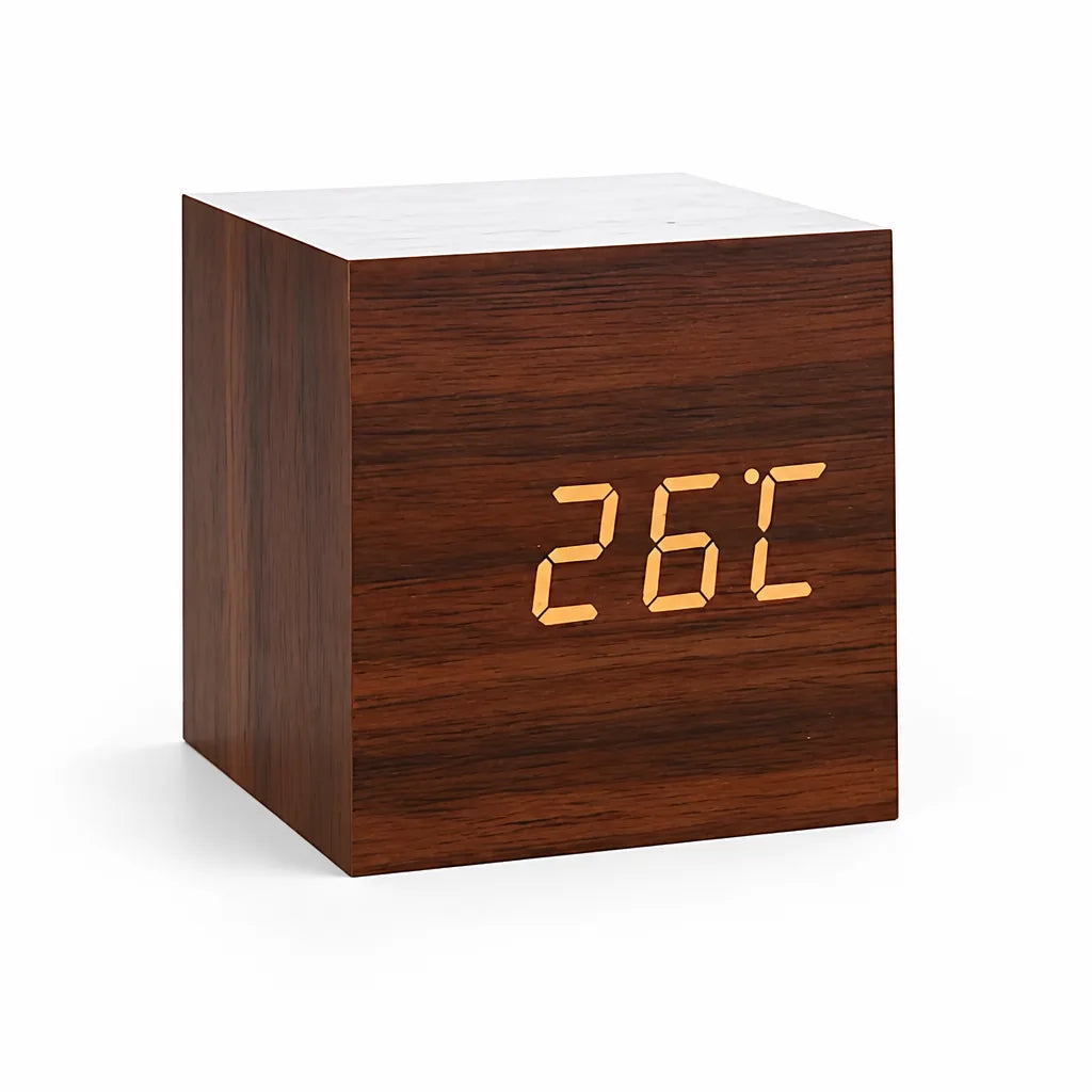 Faux Wood-Grain Cube LED Alarm Clock (USB or Battery Powered)