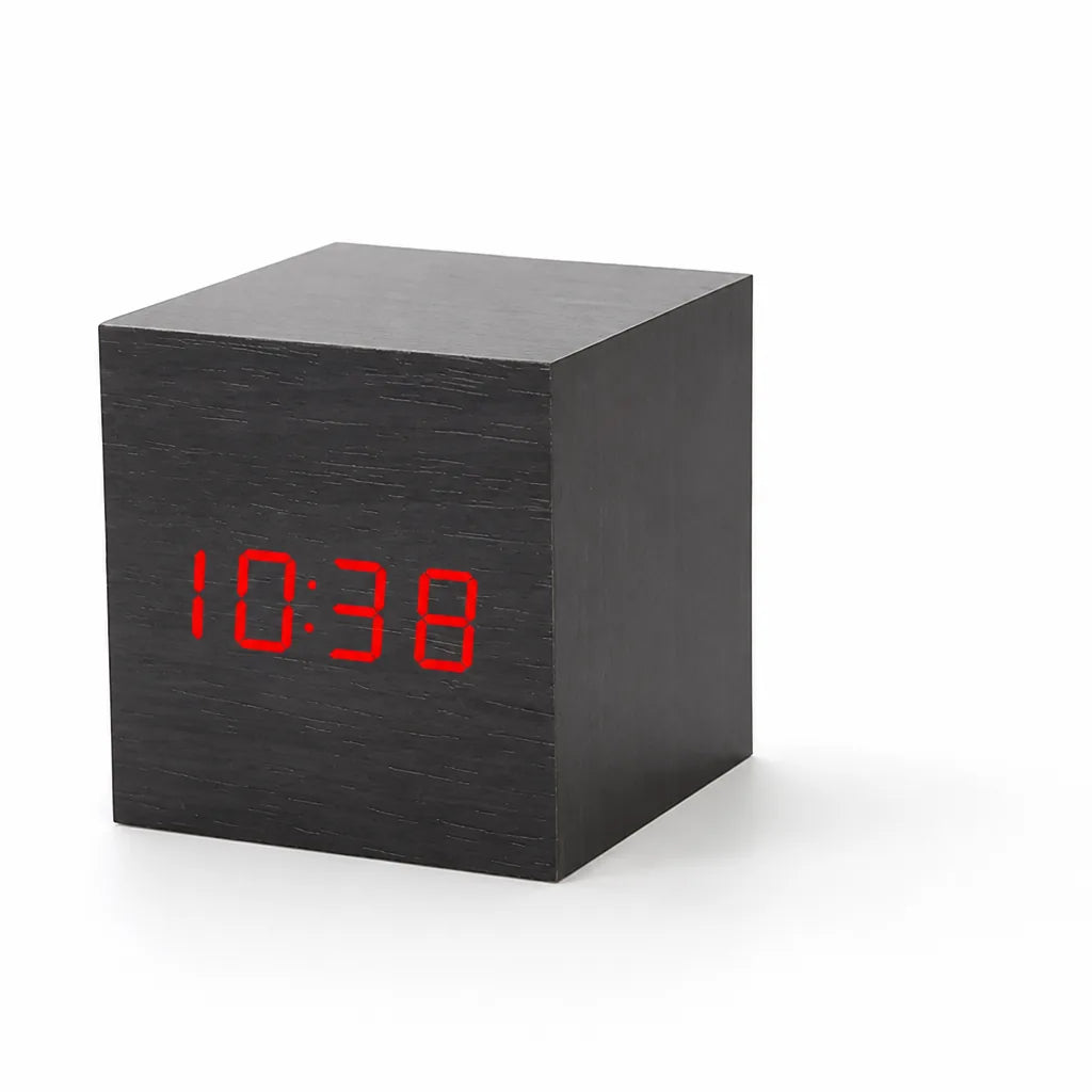 Faux Wood-Grain Cube LED Alarm Clock (USB or Battery Powered)