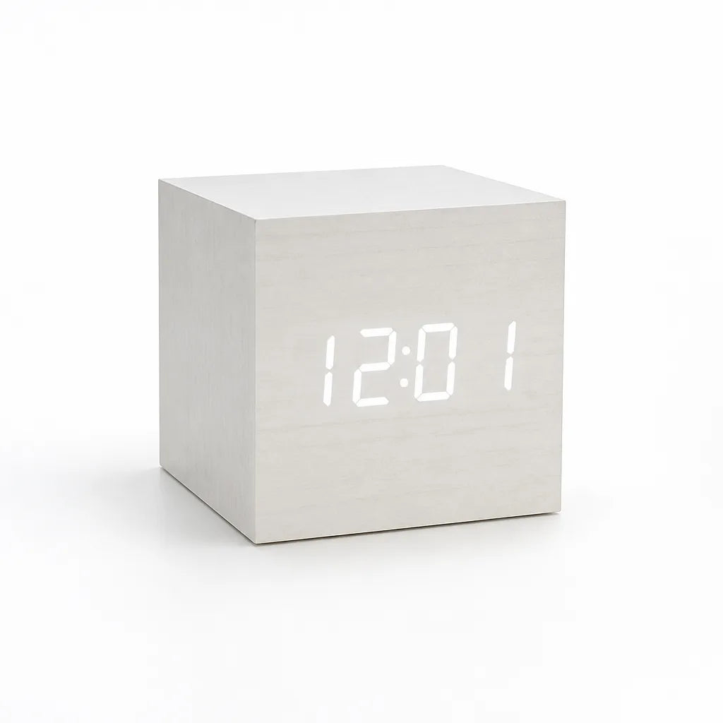 Faux Wood-Grain Cube LED Alarm Clock (USB or Battery Powered)