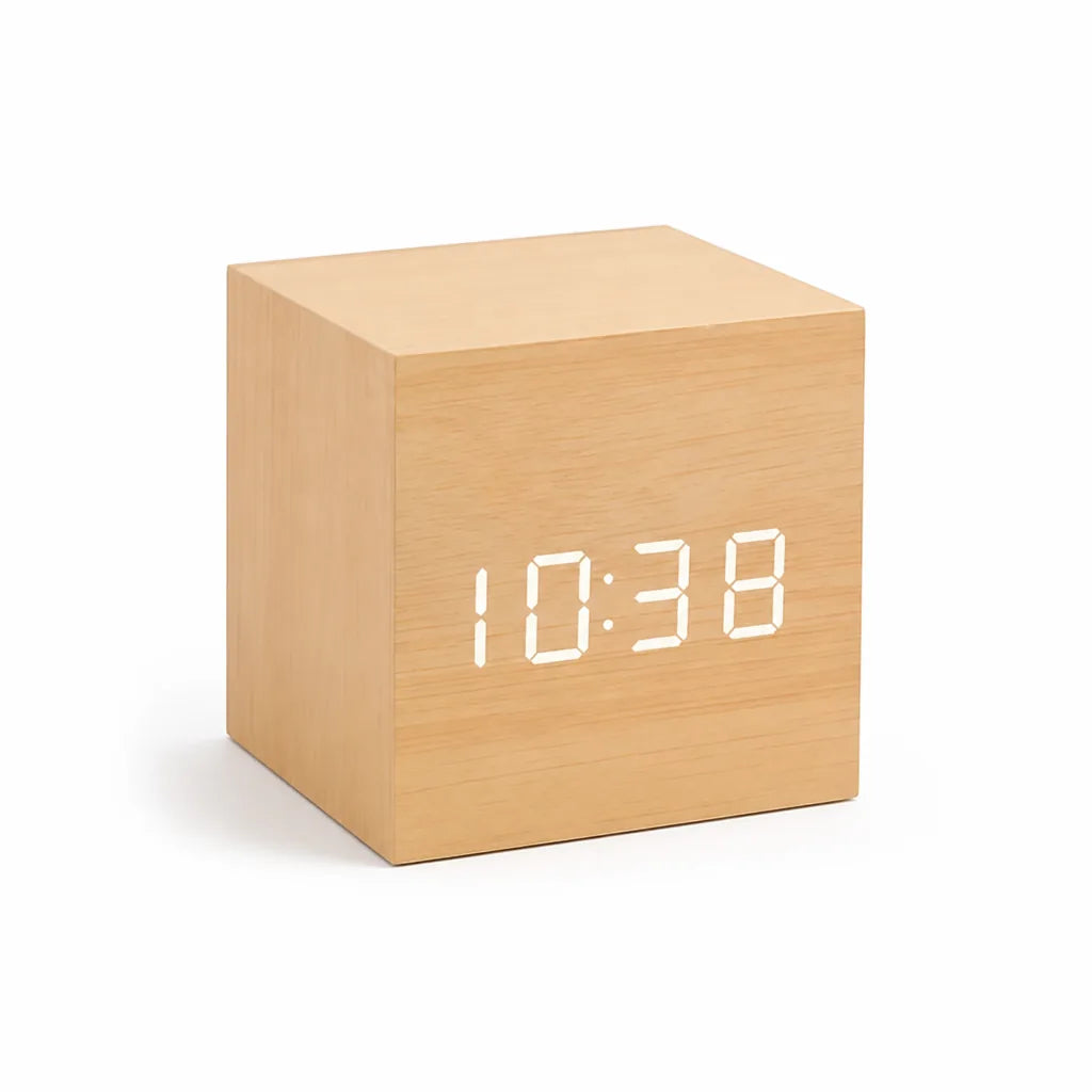 Faux Wood-Grain Cube LED Alarm Clock (USB or Battery Powered)