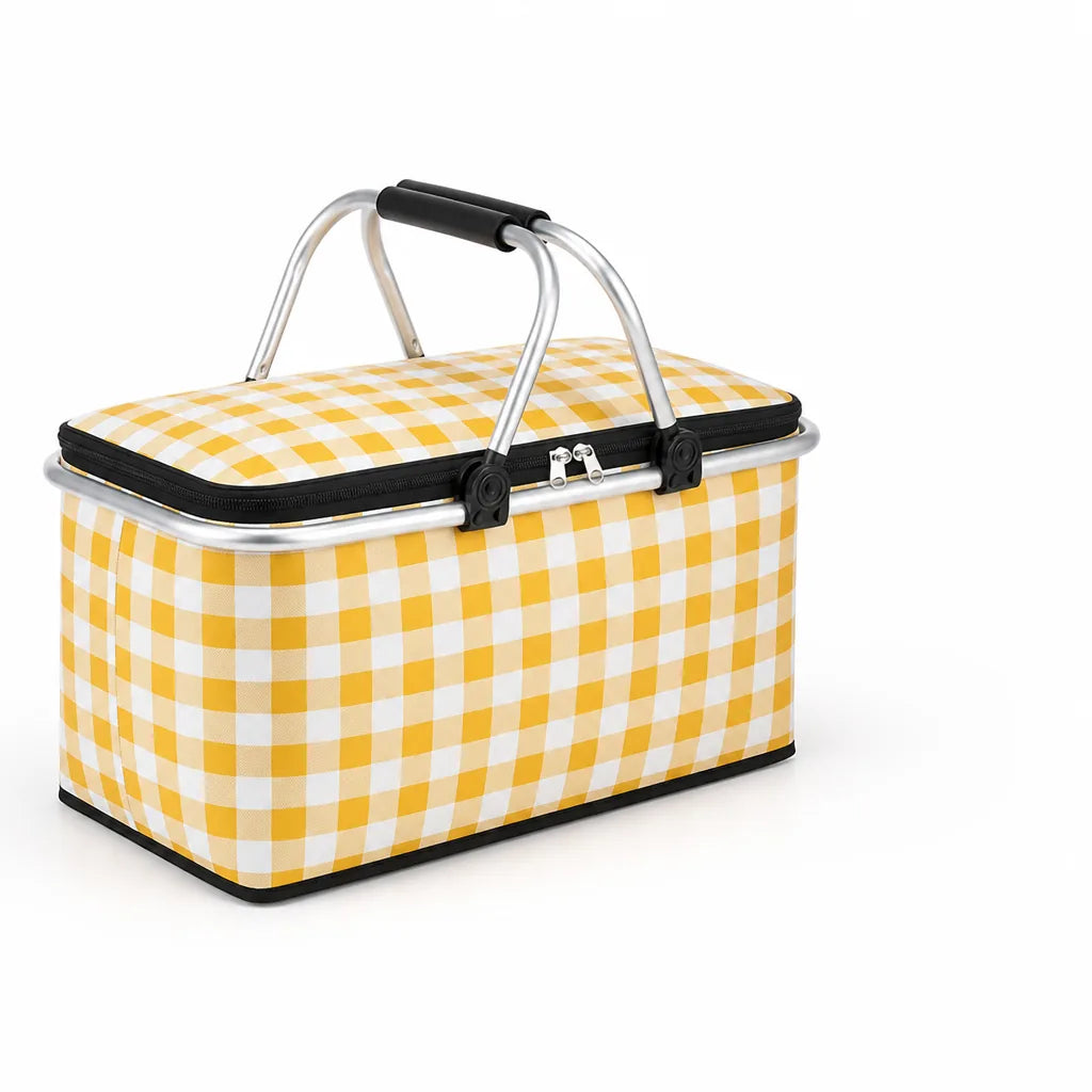 Insulated Foldable Checkered Picnic Basket (Zippered Top and Double Handles, 22L)