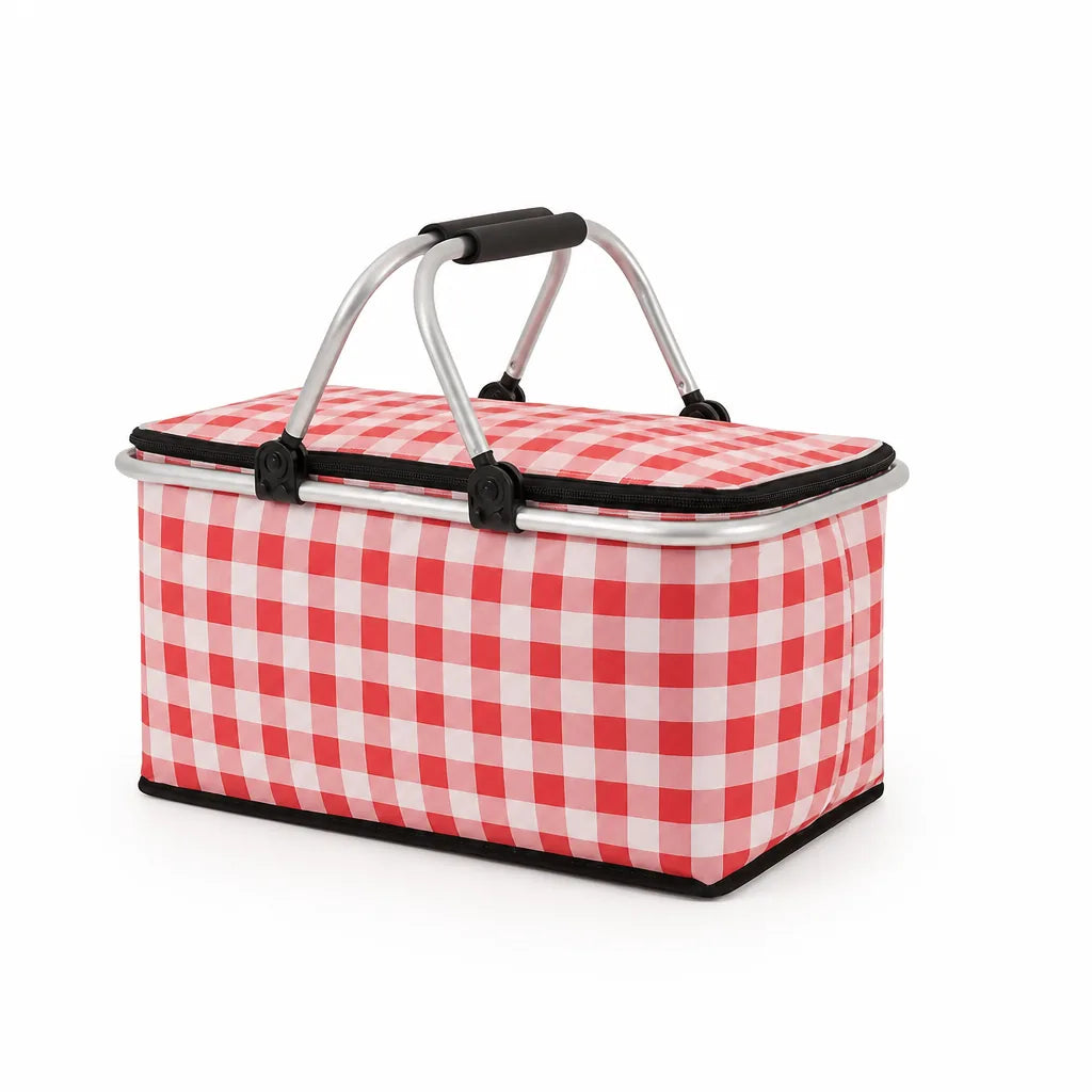 Insulated Foldable Checkered Picnic Basket (Zippered Top and Double Handles, 22L)