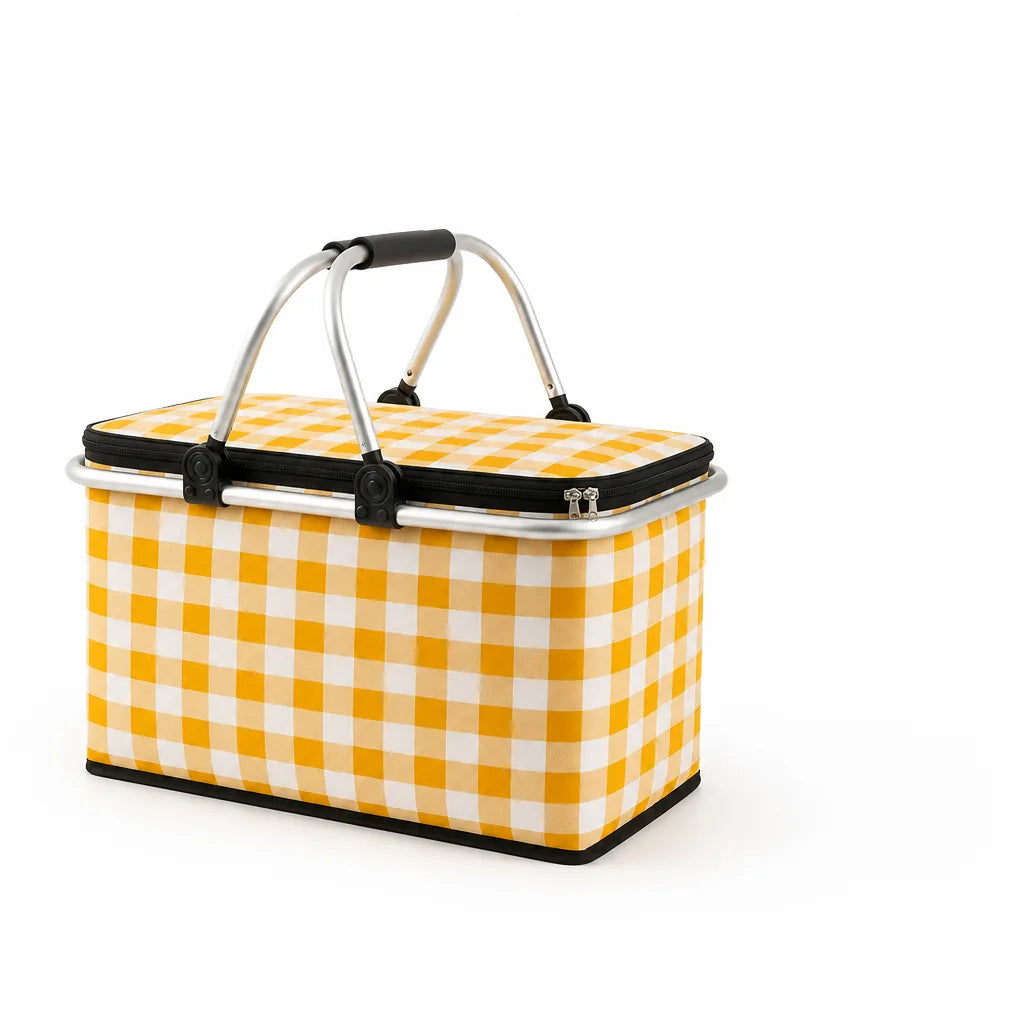 Insulated Foldable Checkered Picnic Basket (Zippered Top and Double Handles, 22L)