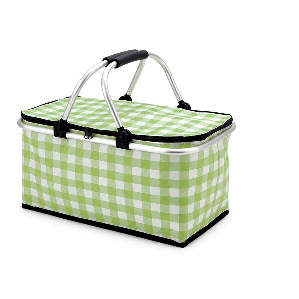 Insulated Foldable Checkered Picnic Basket (Zippered Top and Double Handles, 22L)