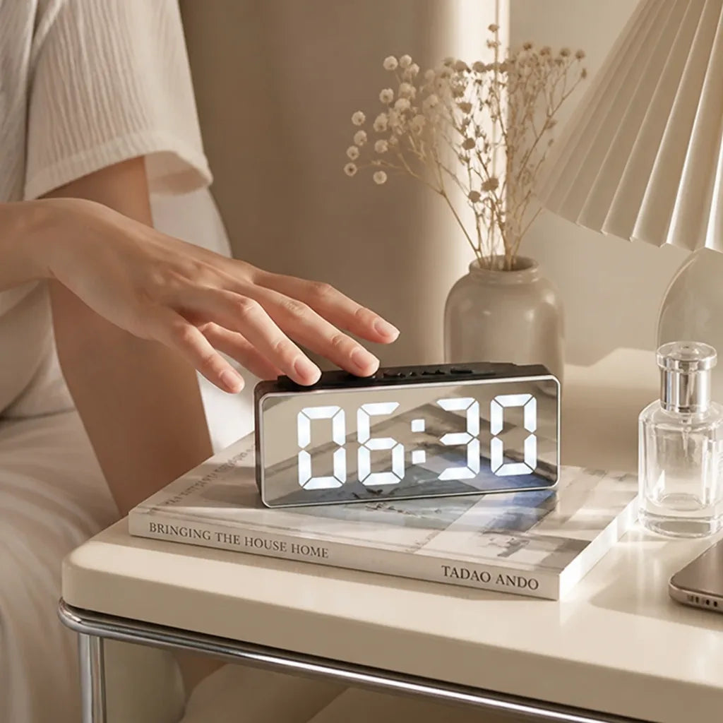 LED Mirror Alarm Clock with Date and Temperature Display