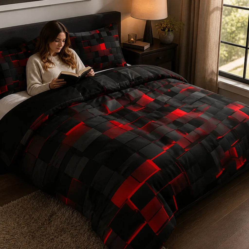 Neon 3D Grid Print Cotton Blend Duvet Cover Set (Set of 3)