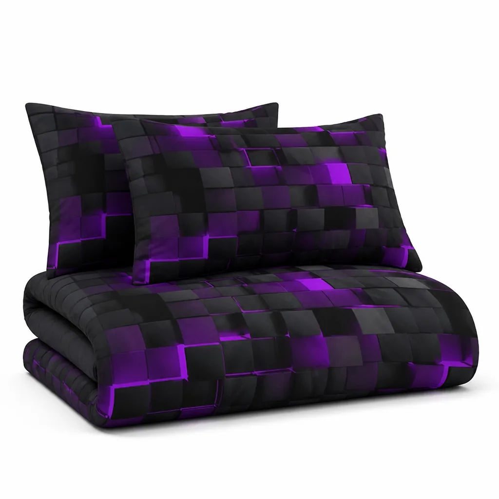 Neon 3D Grid Print Cotton Blend Duvet Cover Set (Set of 3)