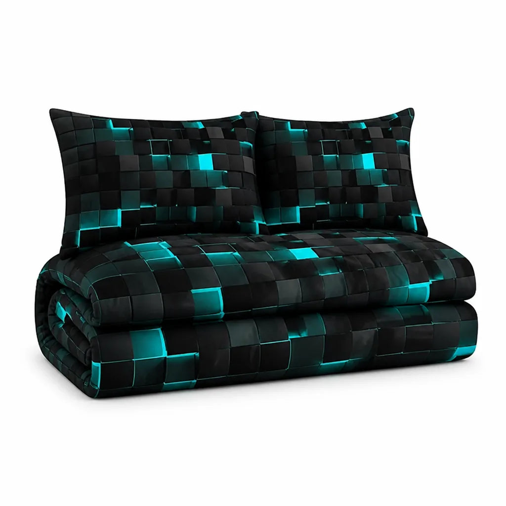 Neon 3D Grid Print Cotton Blend Duvet Cover Set (Set of 3)