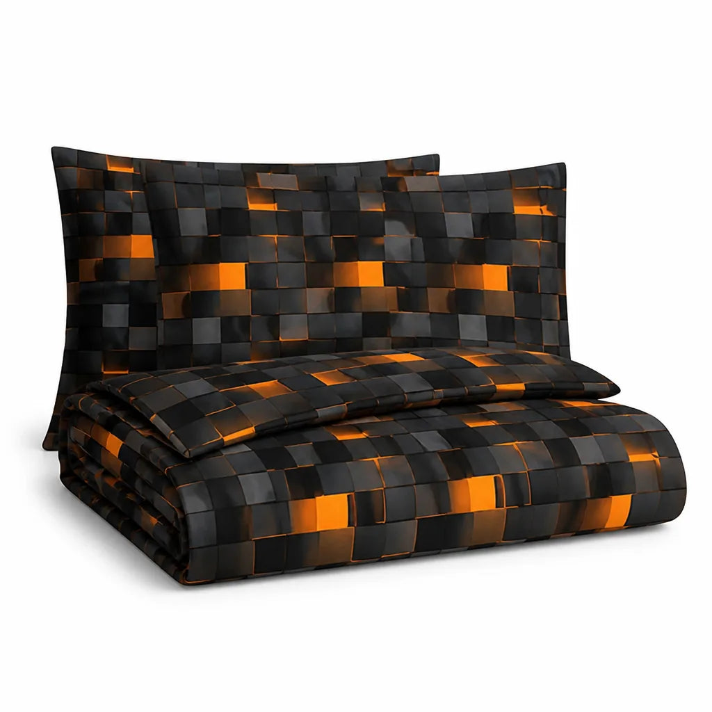 Neon 3D Grid Print Cotton Blend Duvet Cover Set (Set of 3)