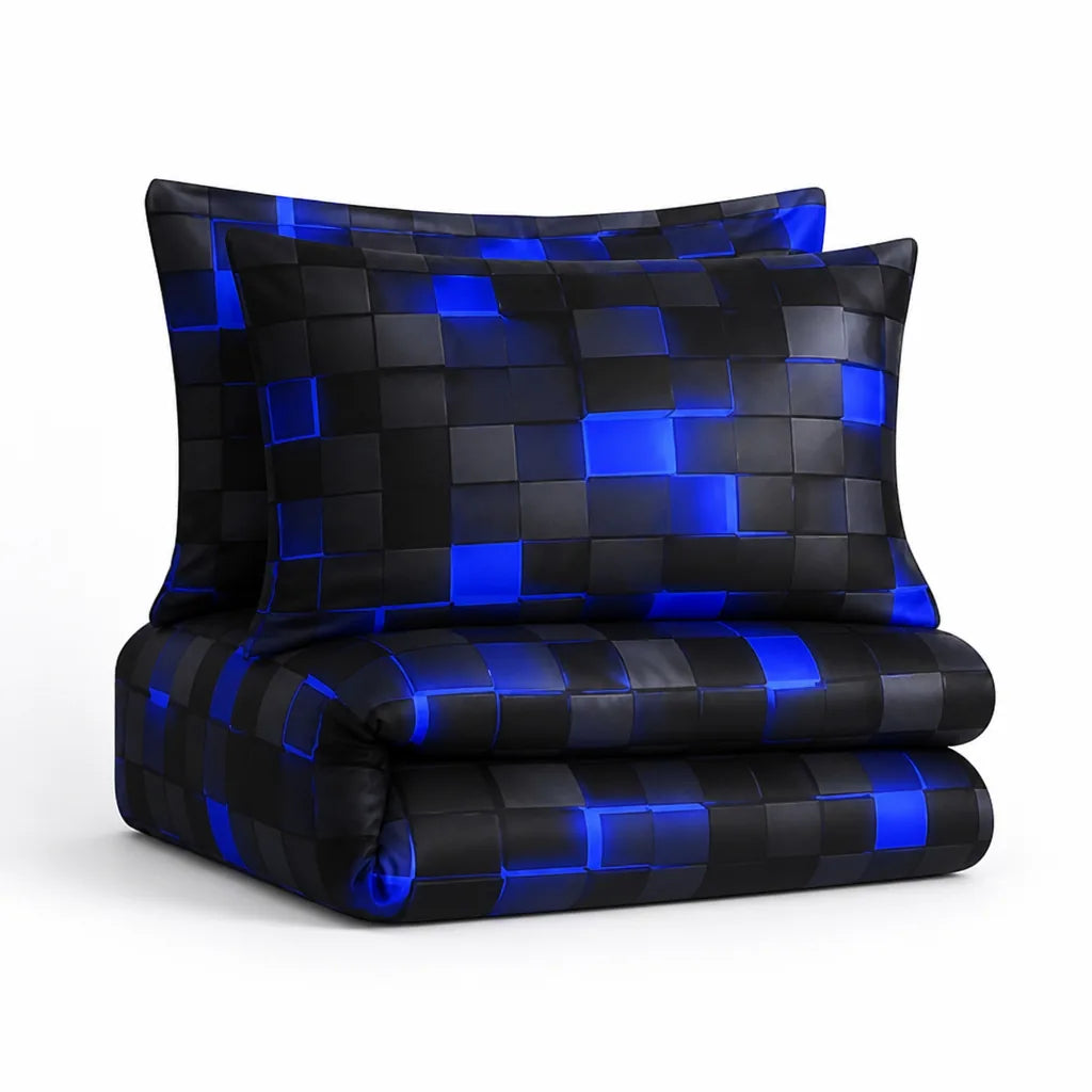 Neon 3D Grid Print Cotton Blend Duvet Cover Set (Set of 3)