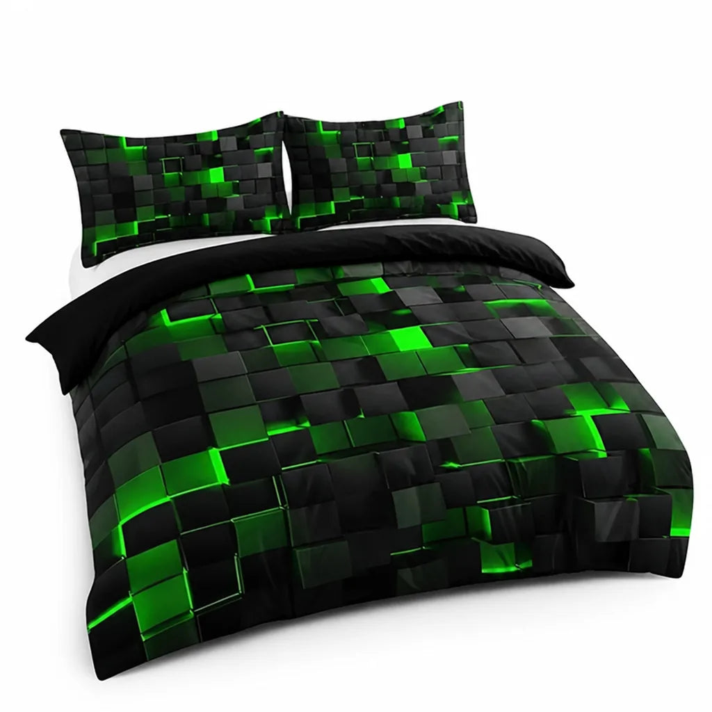 Neon 3D Grid Print Cotton Blend Duvet Cover Set (Set of 3)