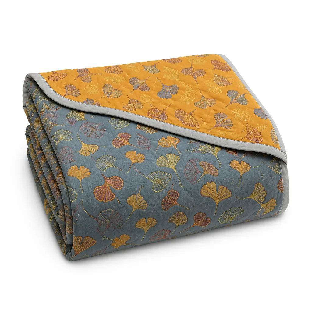 Reversible Cotton Ginkgo Leaf Throw Blanket