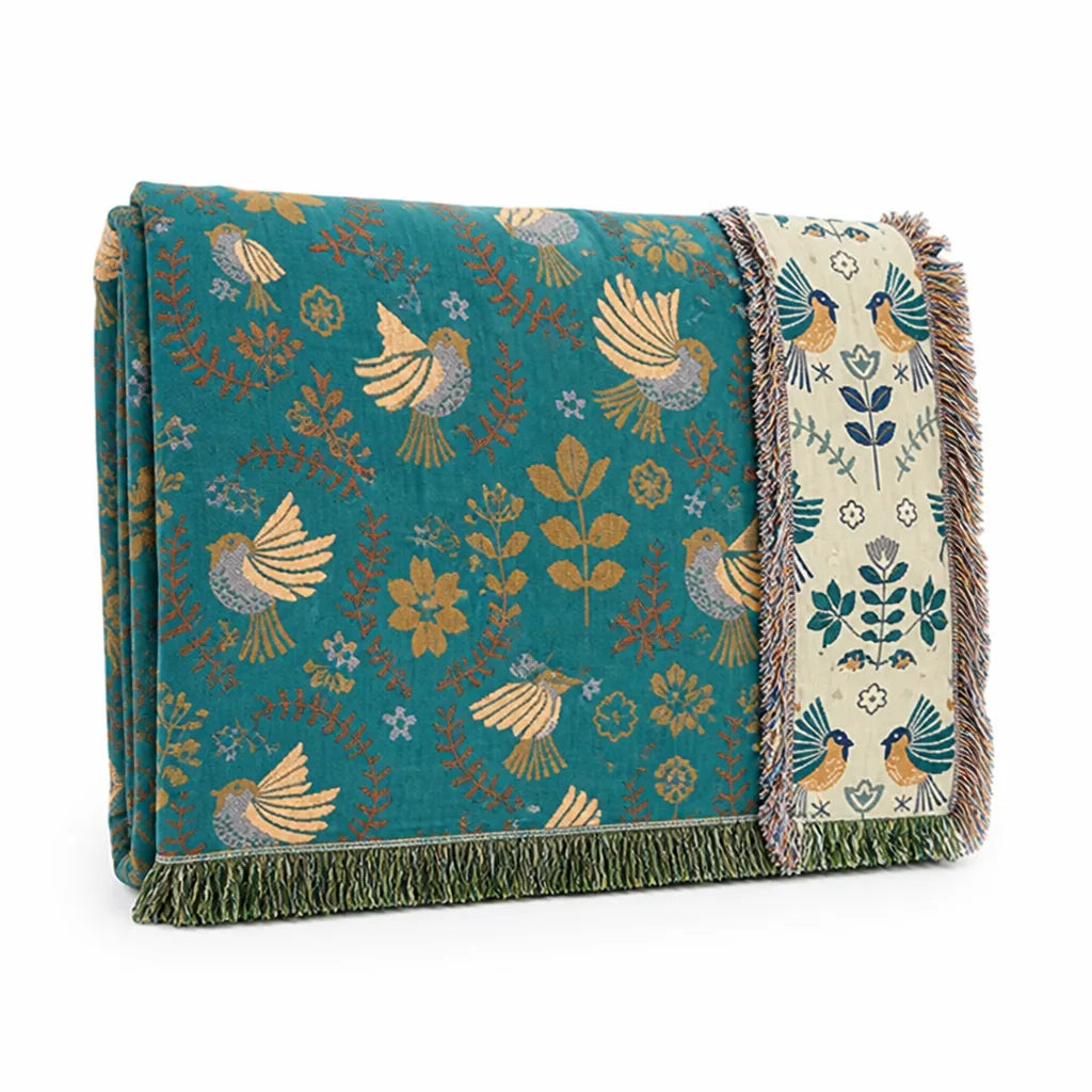 Reversible Scandi Bird And Floral Throw Blanket (100% Cotton, Machine Washable)