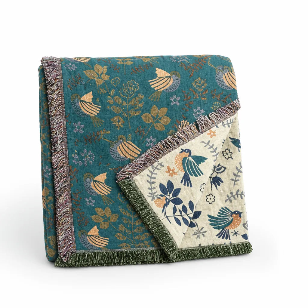 Reversible Scandi Bird And Floral Throw Blanket (100% Cotton, Machine Washable)