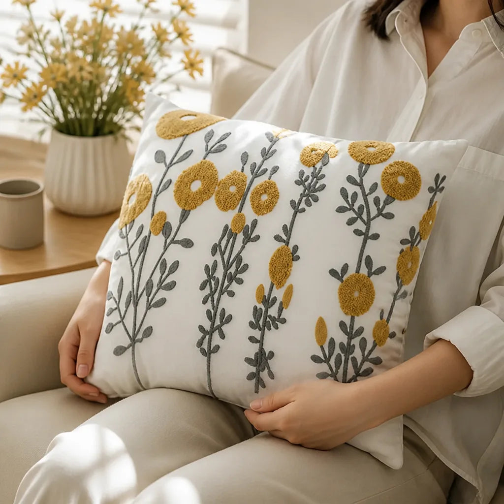 Small-Flower Embroidered Cushion Cover With Hidden Zip (18-Inch Square)