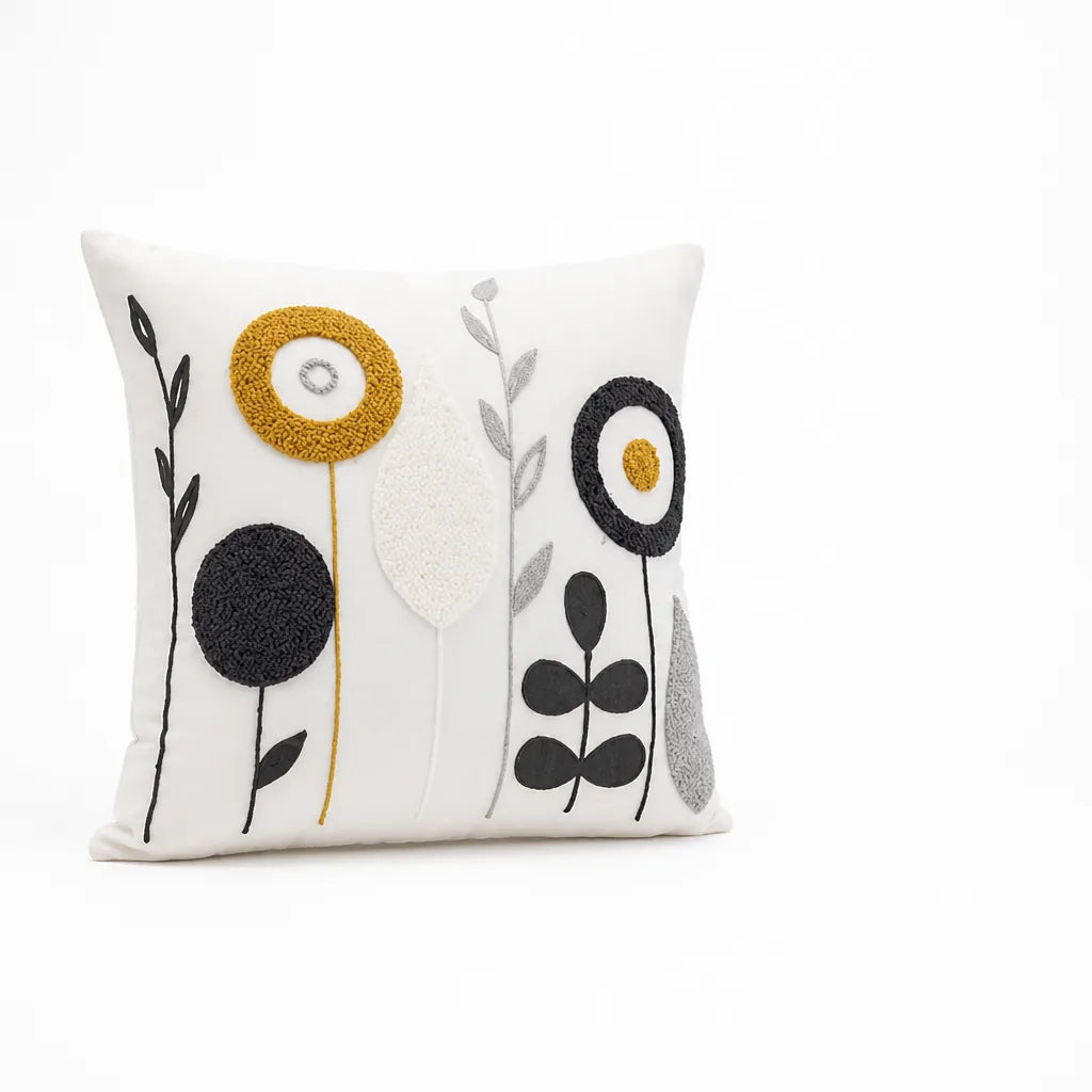 Small-Flower Embroidered Cushion Cover With Hidden Zip (18-Inch Square)