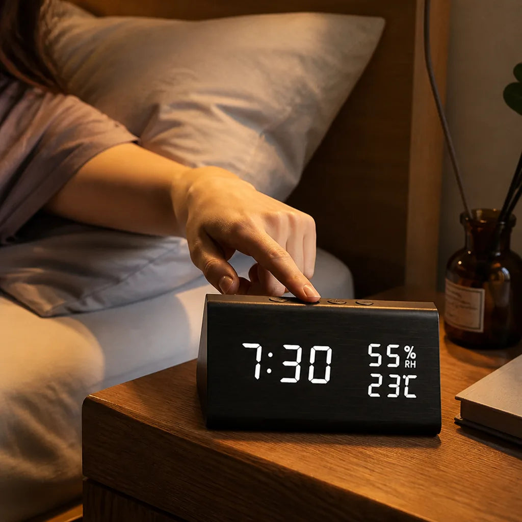 Triangular Wood-Textured LED Display Digital Alarm Clock (Time, Date, Temp & Humidity)