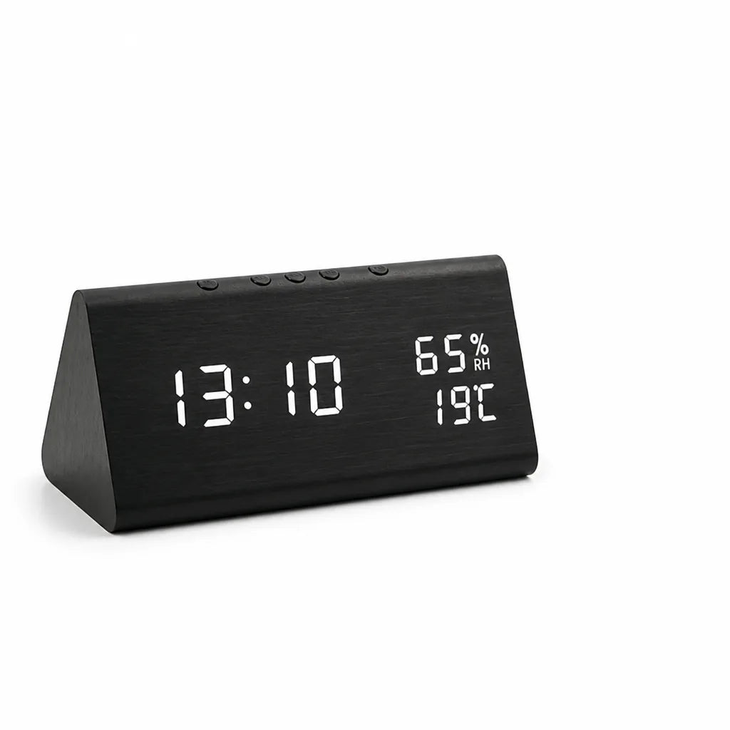 Triangular Wood-Textured LED Display Digital Alarm Clock (Time, Date, Temp & Humidity)