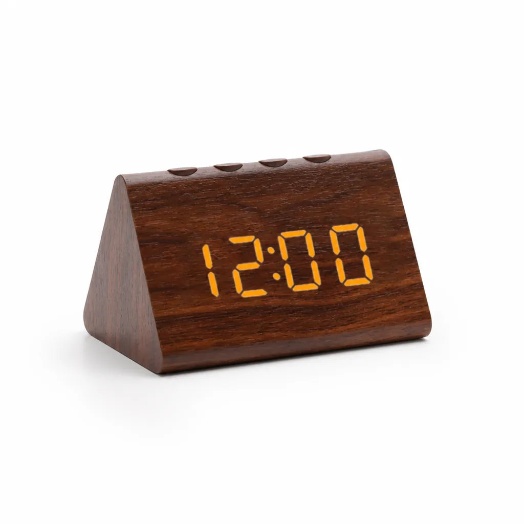 Triangular Wood-Textured LED Display Digital Alarm Clock (Time, Date, Temp & Humidity)