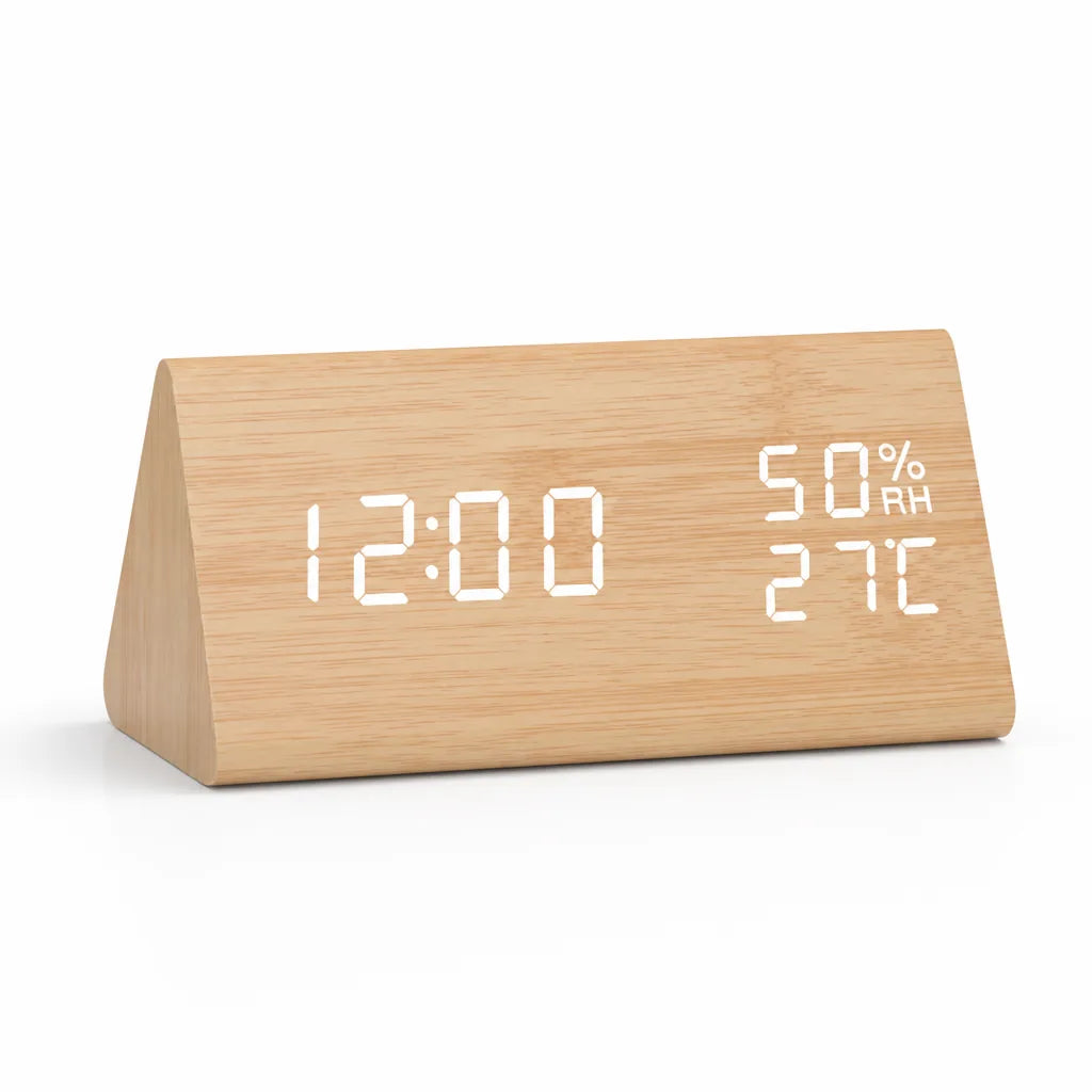Triangular Wood-Textured LED Display Digital Alarm Clock (Time, Date, Temp & Humidity)