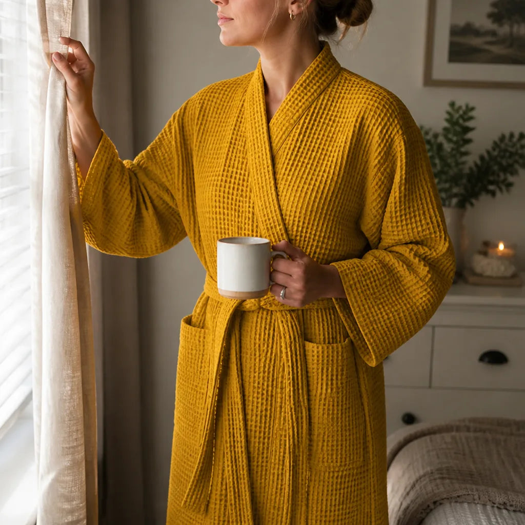 Waffle V-Neck Double-Layer Cotton Bathrobe (100% Cotton)
