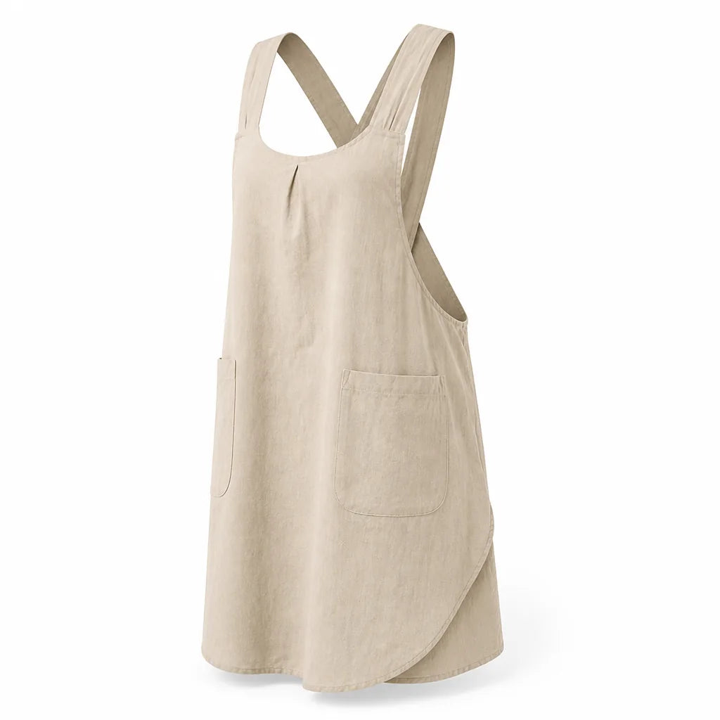 Women's Korean-Inspired Cross-Back Cotton-Linen Apron Dress (2 Front Pockets)