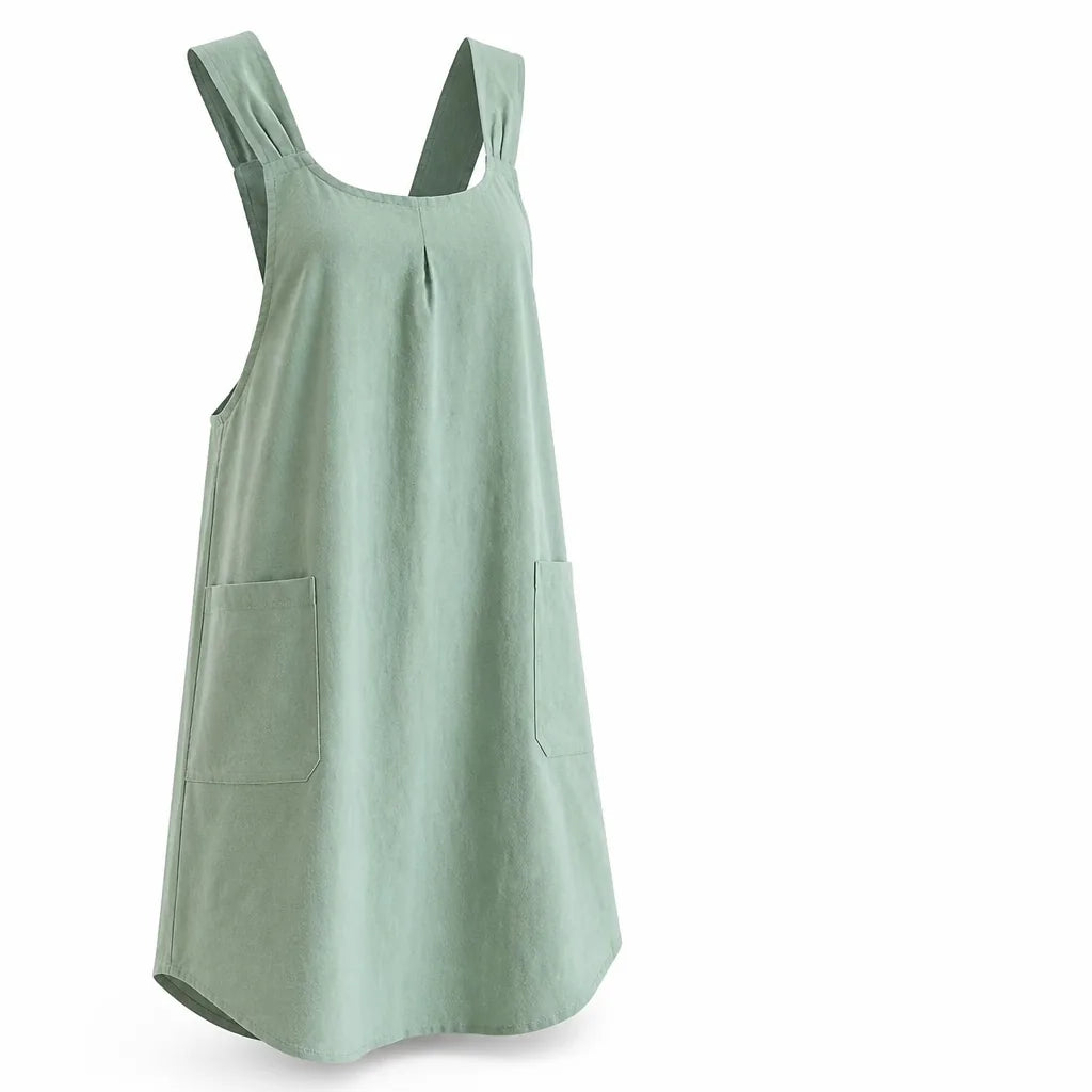 Women's Korean-Inspired Cross-Back Cotton-Linen Apron Dress (2 Front Pockets)