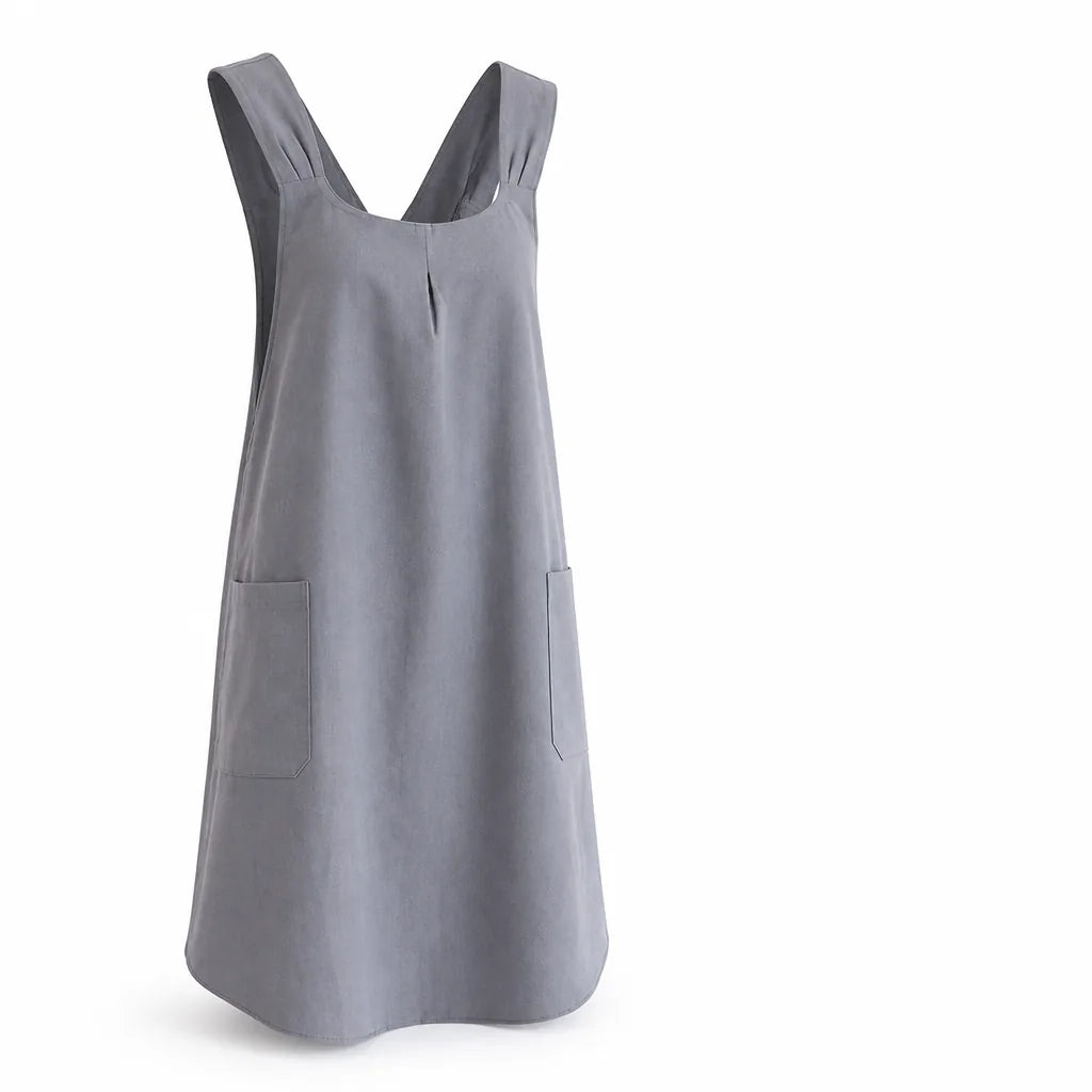 Women's Korean-Inspired Cross-Back Cotton-Linen Apron Dress (2 Front Pockets)